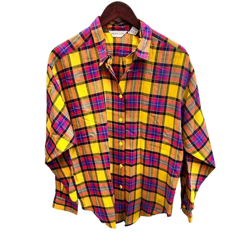 Vintage Yellow Plaid Button Up Shirt Size Womens Medium